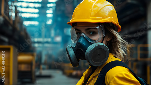 A woman adorned in a vibrant yellow helmet and protective gas mask stands confidently in a hazardous work environment. Her sturdy attire hints at the dangerous nature of her surroundings
