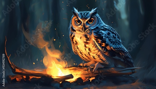 Majestic owl watching over campfire enchanted forest digital artwork nighttime close-up nature's mystique and serenity photo