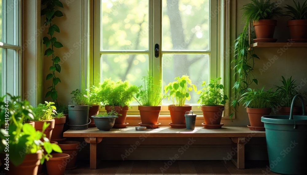Indoor herb garden on a sunny windowsill with potted plants and natural light Indoor herb garden on a sunny windowsill with potted plants and natural light