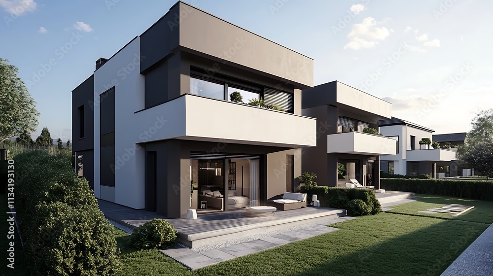 High-definition showcase of a sleek and detailed modern duplex house