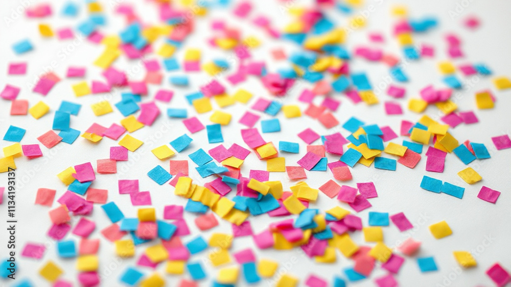 Confetti on white background: A vibrant close-up of colorful confetti in shades of pink, blue, and yellow cascading against a clean white background Confetti on white background: A vibrant close-up of colorful confetti in shades of pink, blue, and yellow cascading against a clean white background