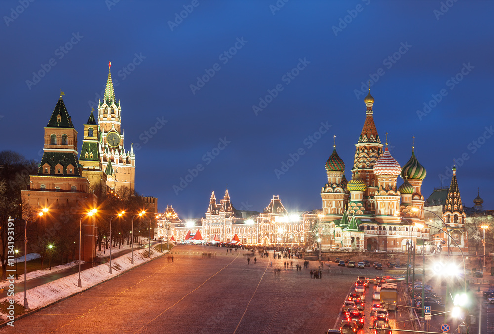 View of the Kremlin, Red Square and St. Basil's Cathedral on a winter evening. Moscow, Russia View of the Kremlin, Red Square and St. Basil's Cathedral on a winter evening. Moscow, Russia
