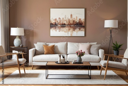 Contemporary living room in mocha mousse color with simple furniture decor.