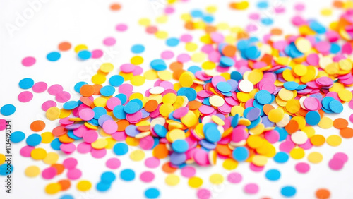 Confetti on white background: A vibrant close-up of colorful confetti in shades of pink, blue, and yellow cascading against a clean white background