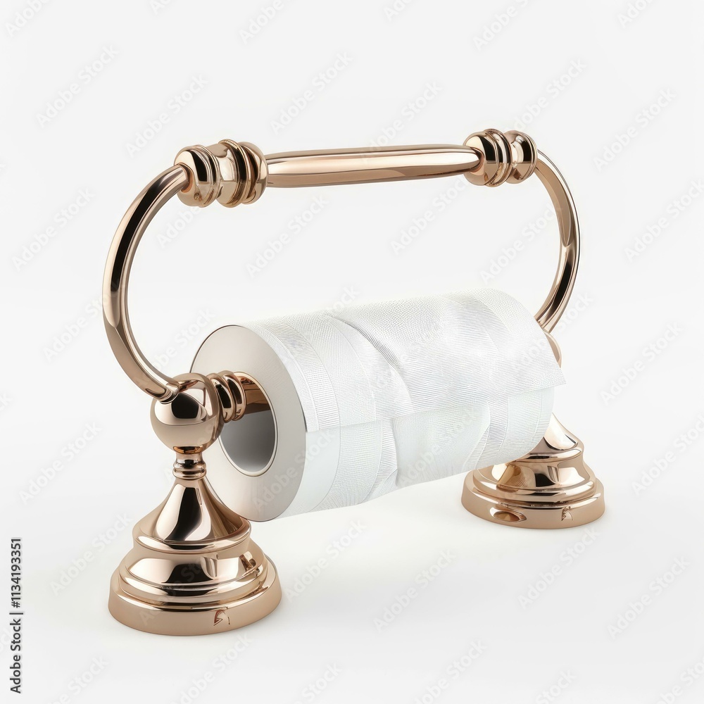 Rose gold toilet paper holder displaying a partially used white roll, adding a touch of luxury to a bathroom setting Rose gold toilet paper holder displaying a partially used white roll, adding a touch of luxury to a bathroom setting