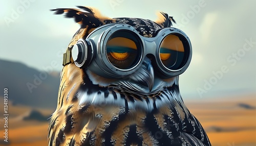 Owl with goggles in a surreal landscape digital art fantasy environment close-up view whimsical concept showcasing owl character photo