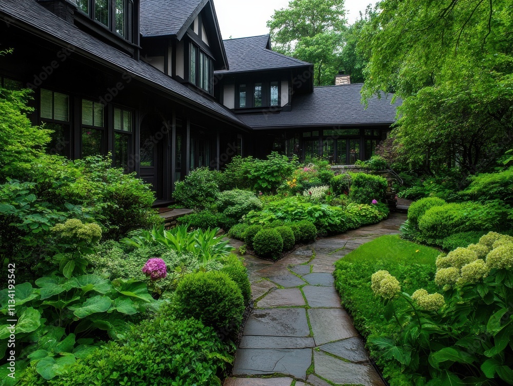 A peaceful home garden with lush greenery, featuring well-maintained shrubs and flowers. A peaceful home garden with lush greenery, featuring well-maintained shrubs and flowers.