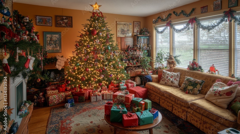 A cheerful living room with a glowing Christmas tree adorned with ornaments, festive pillows, and colorful gift boxes below A cheerful living room with a glowing Christmas tree adorned with ornaments, festive pillows, and colorful gift boxes below
