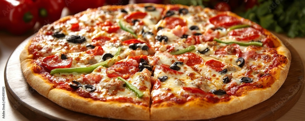 A delicious pizza topped with fresh vegetables, olives, and cheese, presented on a wooden board, perfect for sharing and enjoying.