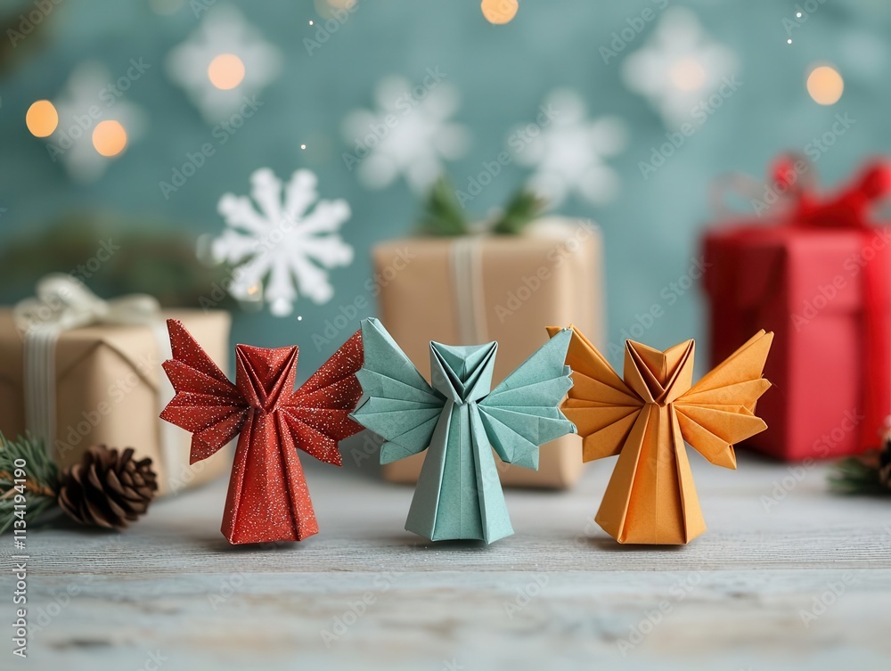 Vibrant origami angels with glitter wings, set amidst Christmas gifts, snowflakeshaped decorations in the background Vibrant origami angels with glitter wings, set amidst Christmas gifts, snowflakeshaped decorations in the background