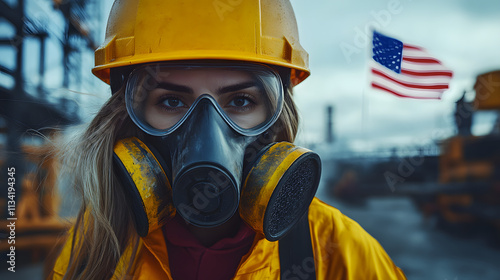 A woman adorned in a vibrant yellow helmet and protective gas mask stands confidently in a hazardous work environment. Her sturdy attire hints at the dangerous nature of her surroundings photo