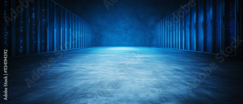 Futuristic dimly lit data center featuring blue lighting and concrete floor, ideal for digital innovation themes. photo