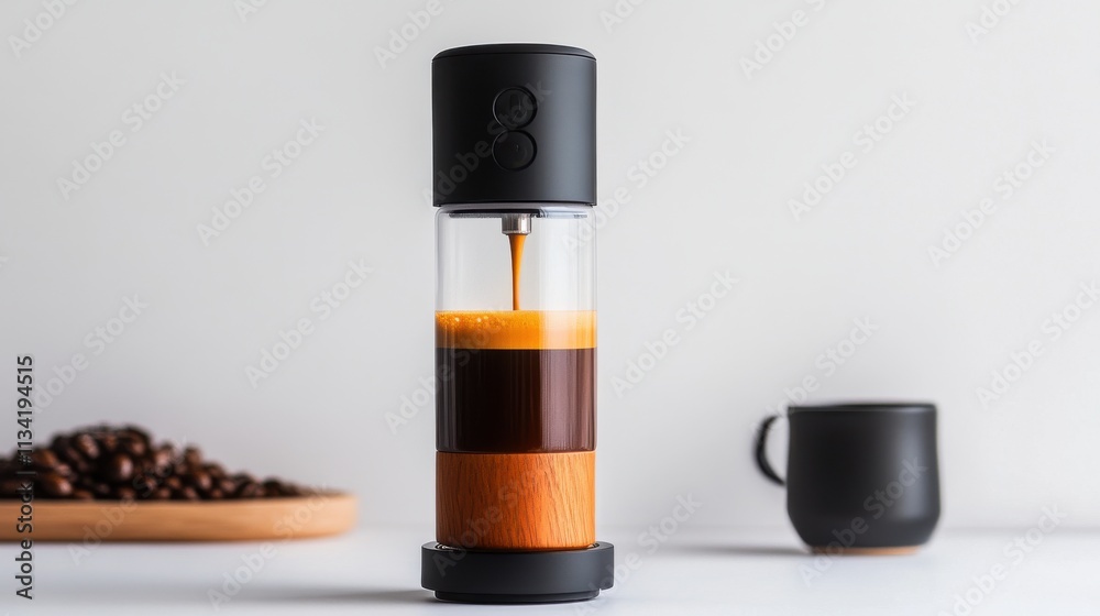 A portable espresso machine with a minimalist design, isolated on a white background A portable espresso machine with a minimalist design, isolated on a white background