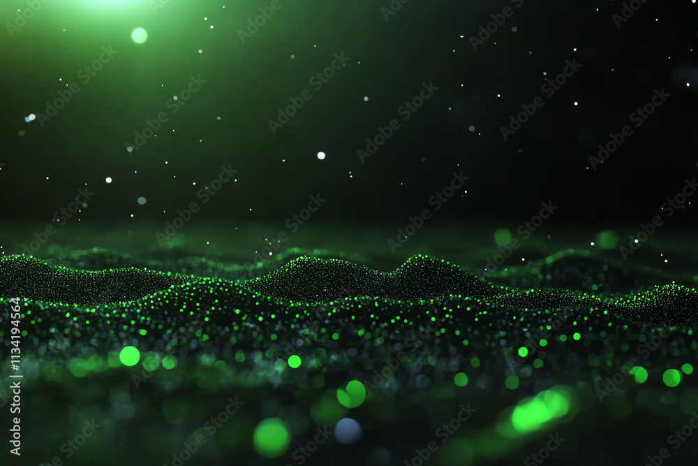 Abstract landscape with shimmering green particles and soft waves. Abstract landscape with shimmering green particles and soft waves.