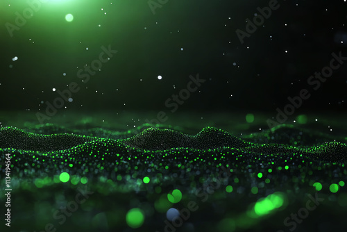 Abstract landscape with shimmering green particles and soft waves.