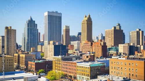 The skyline of Downtown Newark, New Jersey, presents a dynamic and evolving urban landscape. Tall skyscrapers and historic buildings rise against the backdrop of a clear blue sky