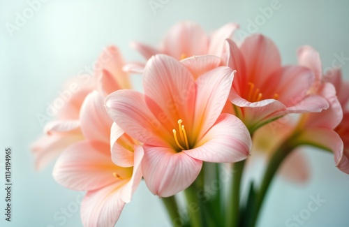 Close up view of bunch of light pink flowers. Delicate petals and green stem. Soft lighting and focus on floral details. Perfect for spring theme projects or designs.