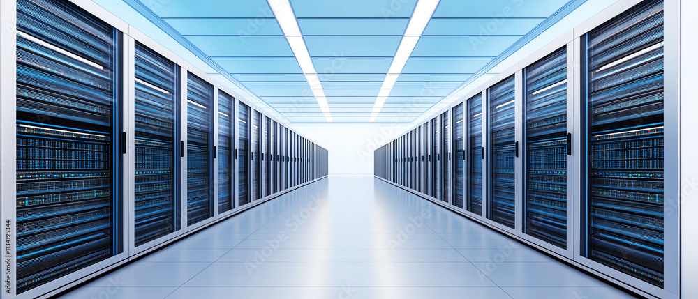 Fototapeta premium Modern data center with rows of servers and bright overhead lighting, symbolizing the future of technology and networking.