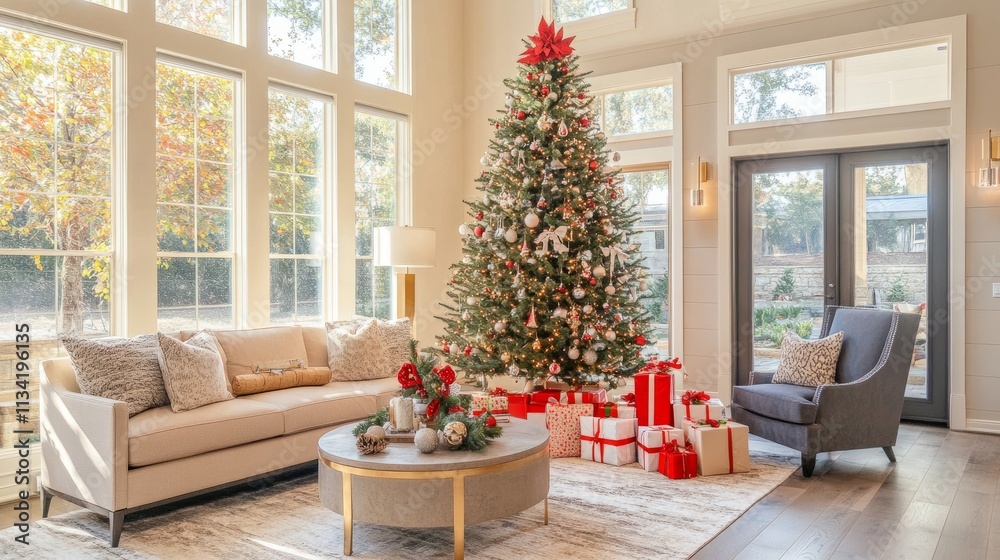 A well-decorated festive living room featuring a tall Christmas tree, holiday pillows, and an array of beautifully wrapped gifts underneath A well-decorated festive living room featuring a tall Christmas tree, holiday pillows, and an array of beautifully wrapped gifts underneath
