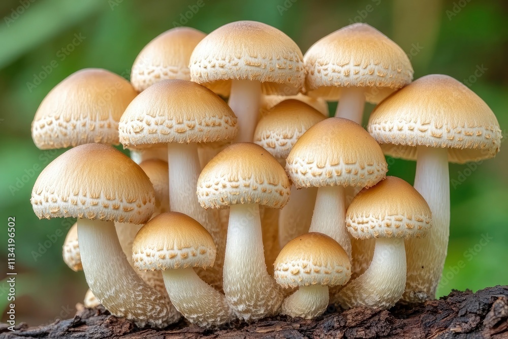 A cluster of golden mushrooms growing on a log in a natural setting. A cluster of golden mushrooms growing on a log in a natural setting.