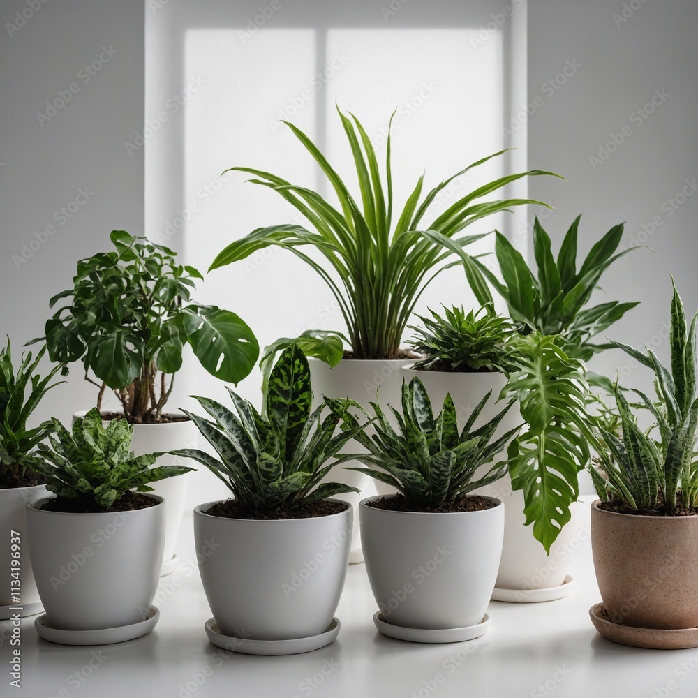 A collection of vibrant green houseplants arranged in decorative pots with a clear white background.