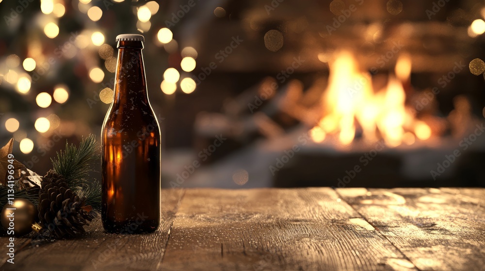 Cozy Winter Evening: Nonalcoholic Beer by Fire in Festive Atmosphere - Photorealistic Holiday Scene Cozy Winter Evening: Nonalcoholic Beer by Fire in Festive Atmosphere - Photorealistic Holiday Scene