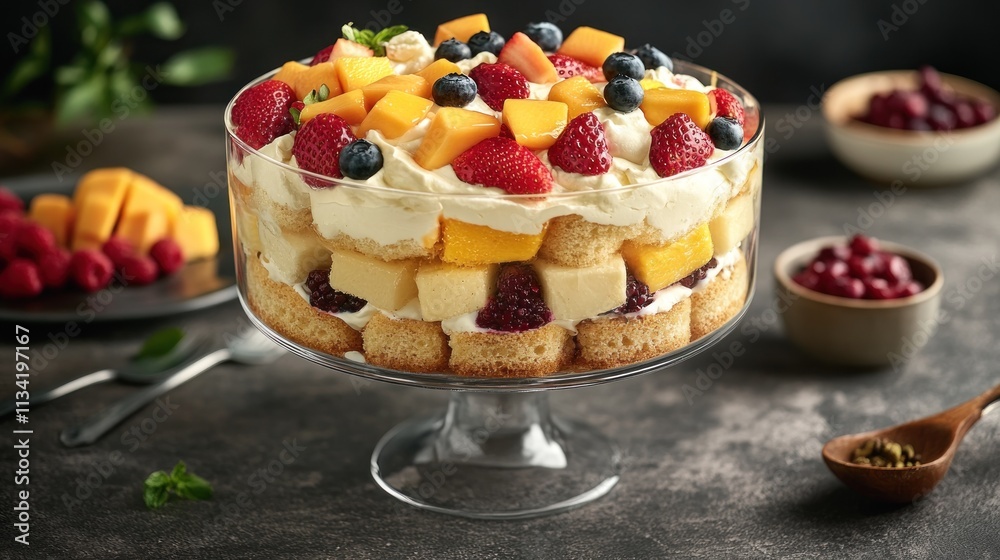 A vibrant fruit trifle layered with sponge cake, cream, and assorted berries. A vibrant fruit trifle layered with sponge cake, cream, and assorted berries.
