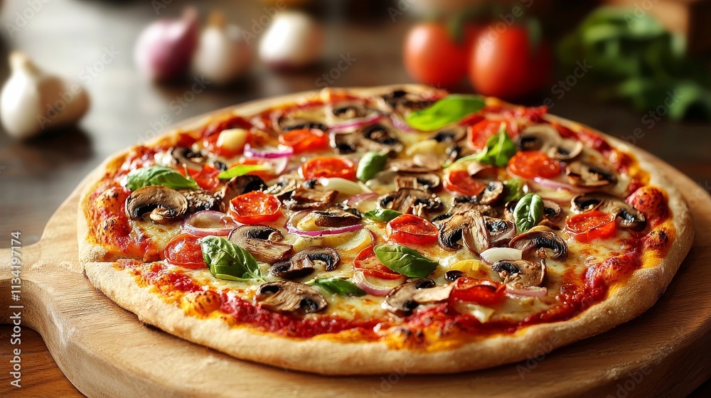 A delicious pizza topped with mushrooms, tomatoes, and fresh greens, presented on a wooden board. A delicious pizza topped with mushrooms, tomatoes, and fresh greens, presented on a wooden board.