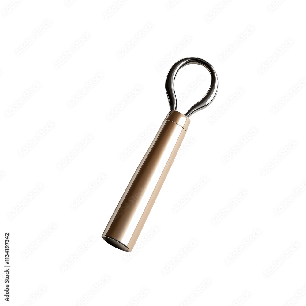 A metallic handle with a circular loop at one end, designed for gripping or pulling. A metallic handle with a circular loop at one end, designed for gripping or pulling.