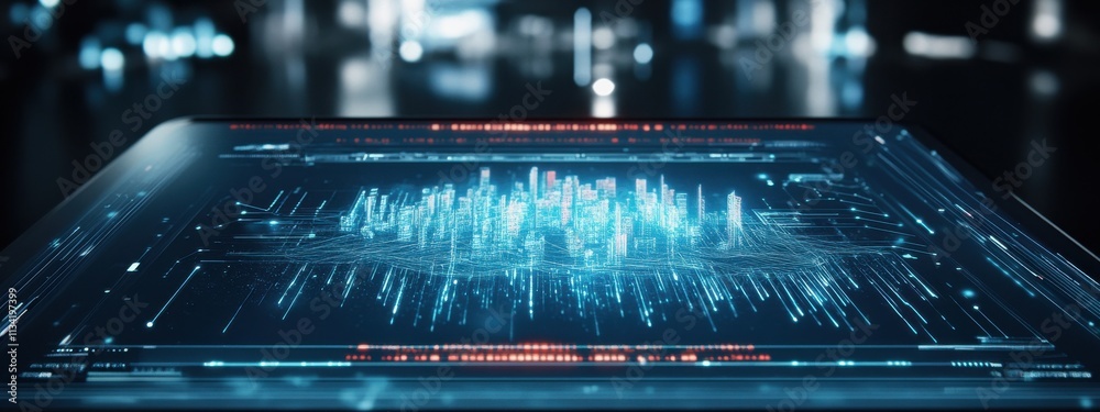 Obraz premium Futuristic Digital Interface Displaying Data Visualizations and Cityscape Analysis in a High-Tech Environment with Glowing Elements