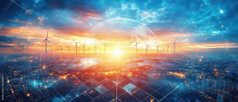 Fototapeta premium A vibrant sunset over a cityscape with wind turbines and solar panels, highlighting renewable energy and futuristic urban development.
