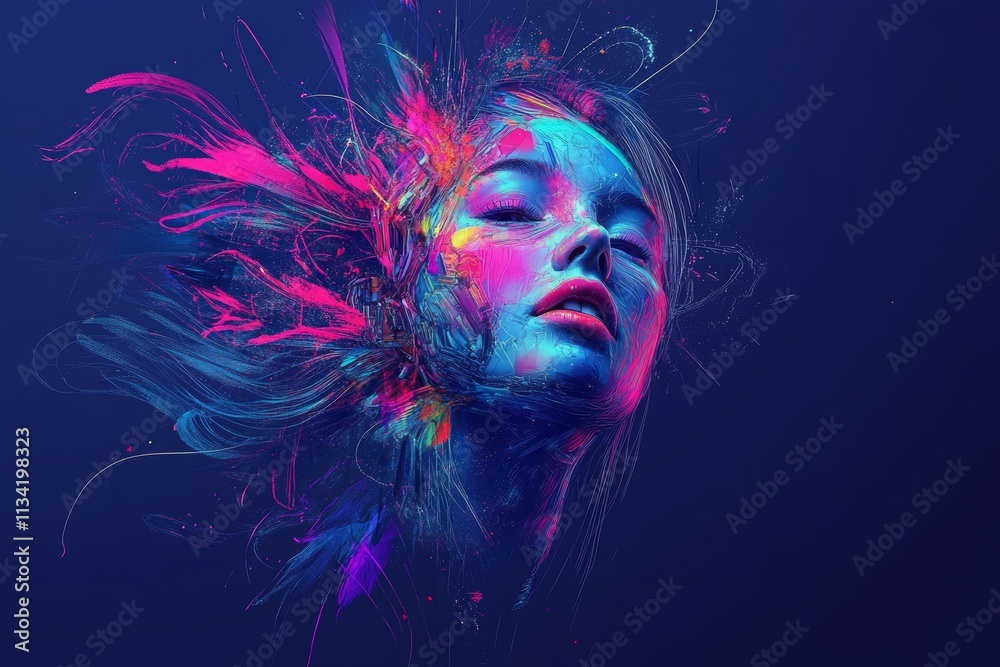Fototapeta premium Abstract Portrait of a Woman with Colorful Splashes and Vibrant Textures Against a Dark Background, Representing Artistic Expression and Creative Energy
