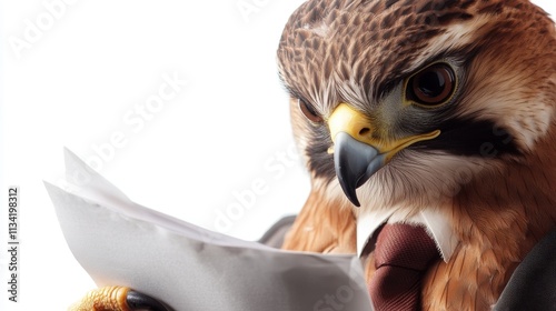 A savvy-looking falcon in a suit and tie, holding a document, ready for business, isolated on a white background photo