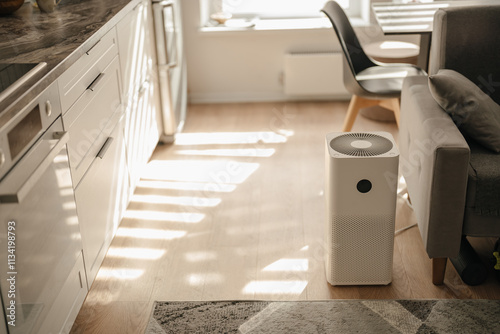White air purifier from dust and viruses in the interior of the apartment opposite the sofa with sun rays. Health and technology.