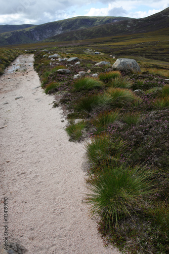 Canvas Print Trail between Broad Cairn summit, Loch Muick and Spittal of Glenmuick in the bac
