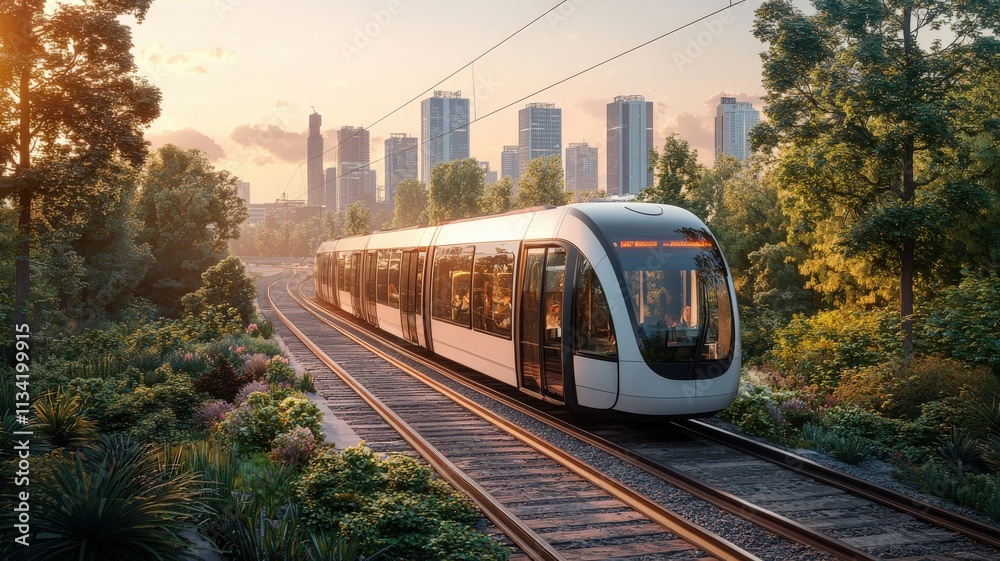 Naklejka premium A modern tram travels along a track surrounded by lush greenery, with a city skyline in the background during a warm, glowing sunset.