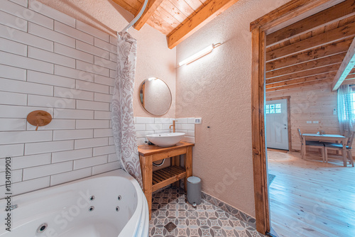 interior of a bathroom with bath