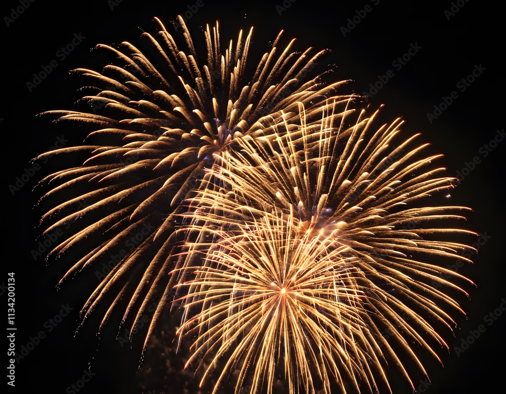 Golden firework fireworks on dark black night sky texture Golden firework fireworks on dark black night sky texture