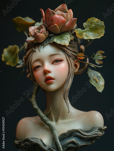 Portrait of a woman with flowers in her hair and a floral wreath
