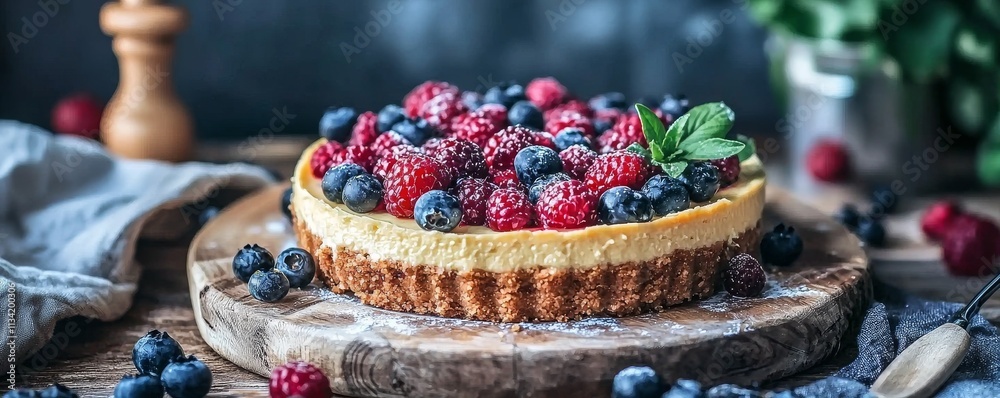 A luscious cheesecake topped with vibrant berries, elegantly presented on a rustic wooden board, perfect for dessert lovers. A luscious cheesecake topped with vibrant berries, elegantly presented on a rustic wooden board, perfect for dessert lovers.