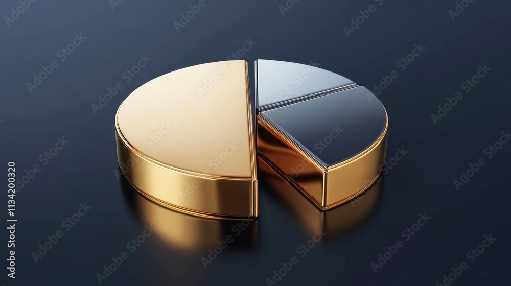 Fototapeta premium Sleek Metal Pie Chart with Gold and Silver Segments on Black Surface