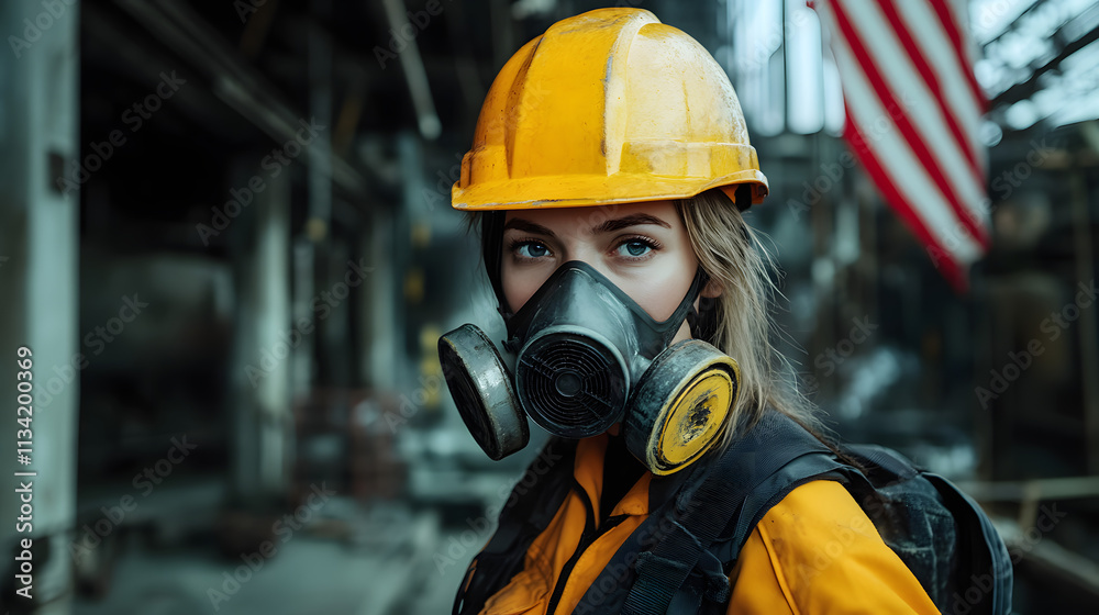 A woman adorned in a vibrant yellow helmet and protective gas mask stands confidently in a hazardous work environment. Her sturdy attire hints at the dangerous nature of her surroundings A woman adorned in a vibrant yellow helmet and protective gas mask stands confidently in a hazardous work environment. Her sturdy attire hints at the dangerous nature of her surroundings