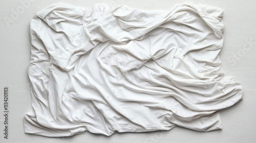 Serene bedroom scene with crumpled white sheets minimalist aesthetic indoor setting top-down view calm concept