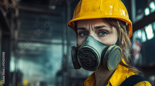 A woman adorned in a vibrant yellow helmet and protective gas mask stands confidently in a hazardous work environment. Her sturdy attire hints at the dangerous nature of her surroundings photo