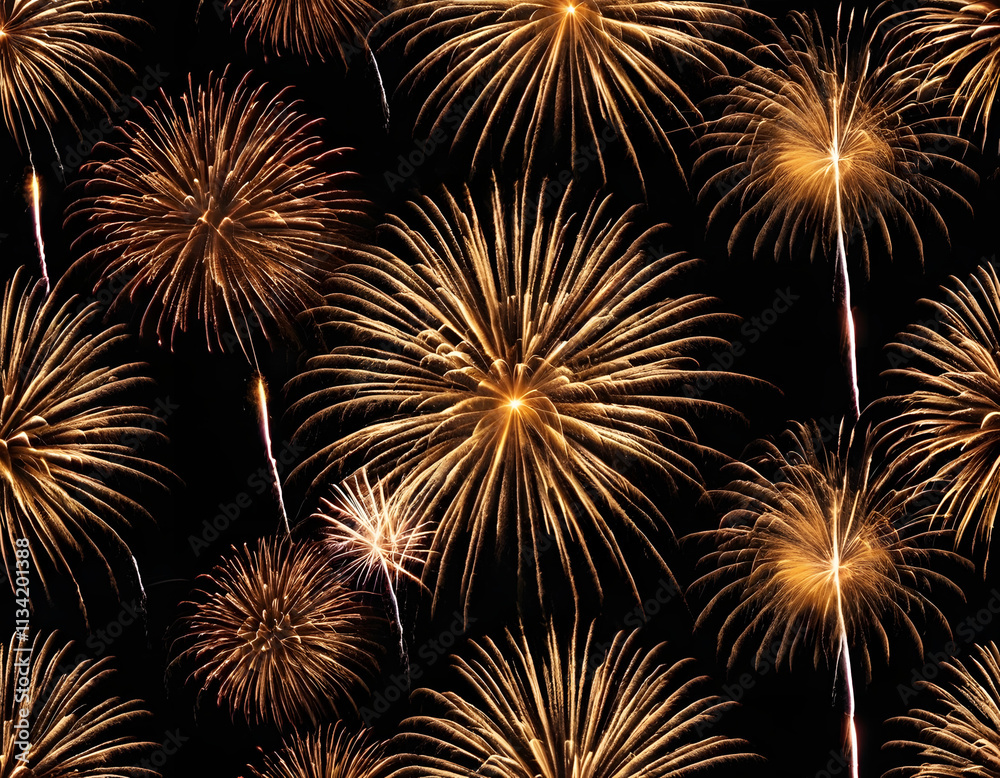 Naklejka premium Golden firework fireworks on dark black night sky texture