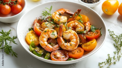 Fresh Shrimp Dish with Colorful Tomatoes and Green Herbs