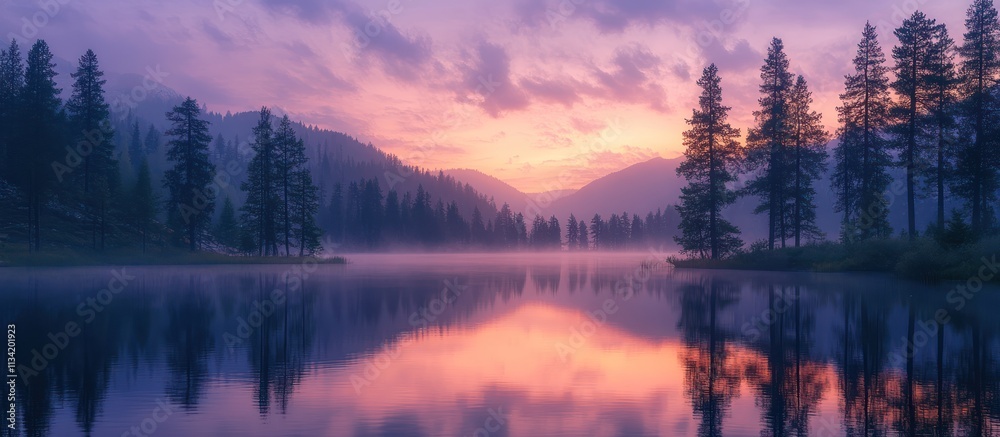 Serene sunrise over a misty lake reflecting the vibrant sky and silhouetted trees. Serene sunrise over a misty lake reflecting the vibrant sky and silhouetted trees.