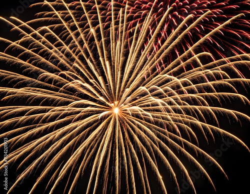 Golden firework fireworks on dark black night sky texture