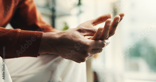 Hands, man and divorce as nervous, anxiety and stress for mental health, wellness and burnout in home. Male person, mistake and frustrated in psychology for depression, worry or advice in living room