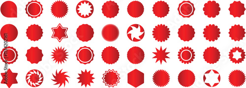 Set of red starburst. Price sticker, sale sticker, price tag, starburst, quality mark, retro stars, sale or discount sticker, sunburst badges, sun ray frames, promotional badge set, shopping labels